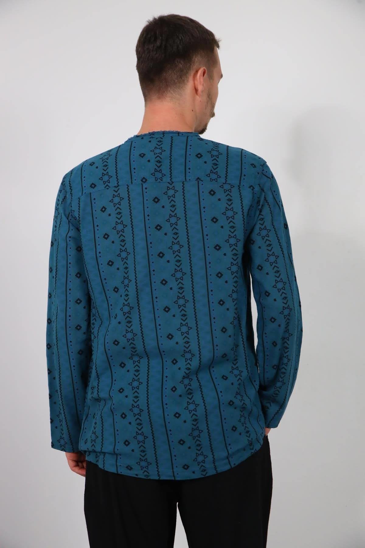 Petrol Blue Lace-Up Collar Printed Men's Shirt