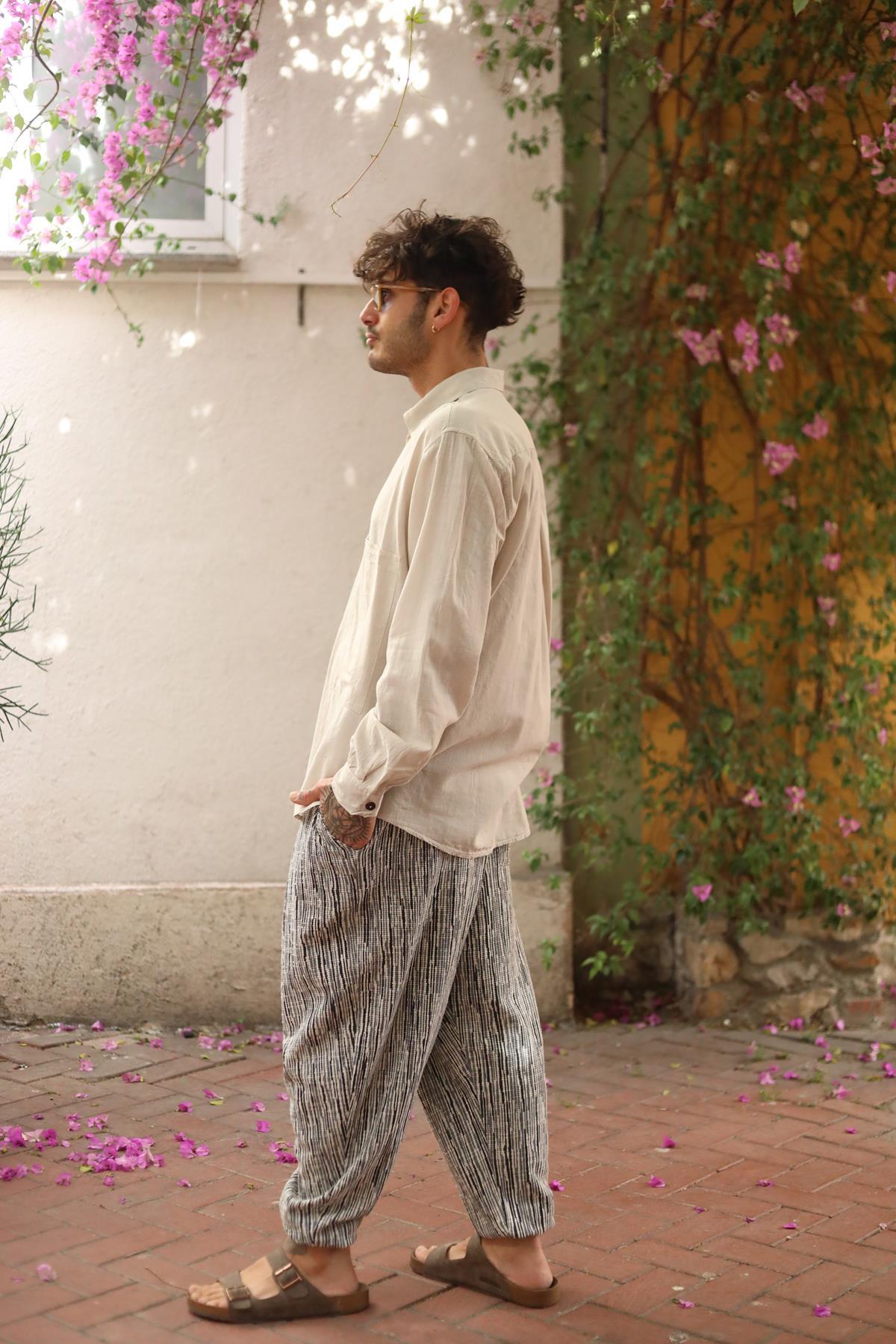 Beige Large Pocket Tasseled Patchwork Men's Shirt