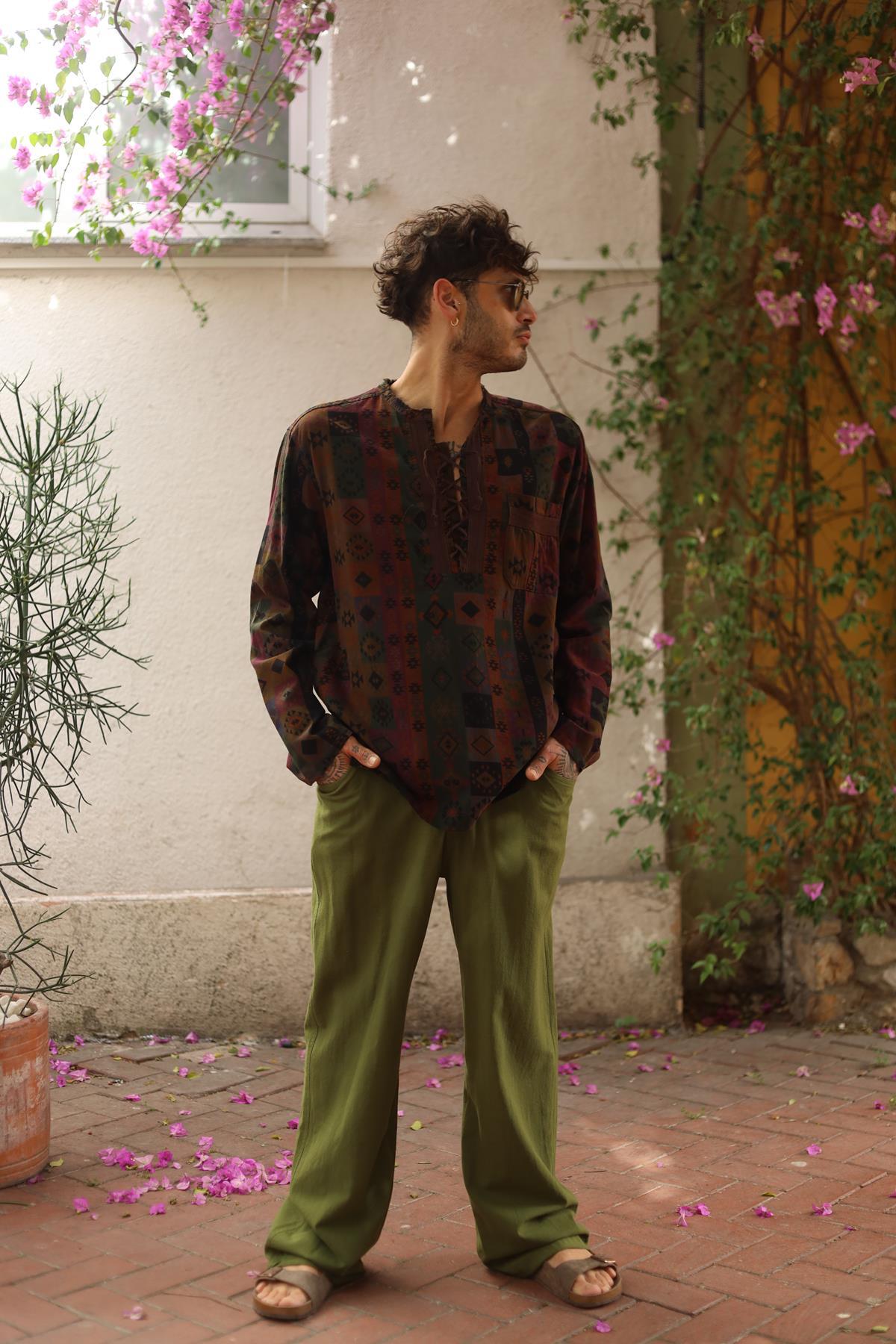 Brown Printed Lace-Up Collar Men's Shirt