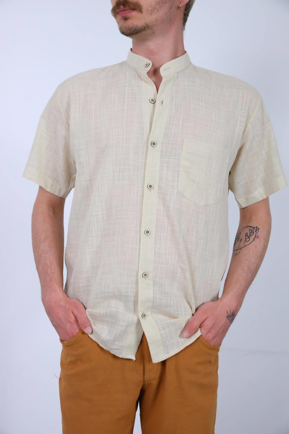 Cream Colored Stand Collar Short Sleeve Men's Shirt