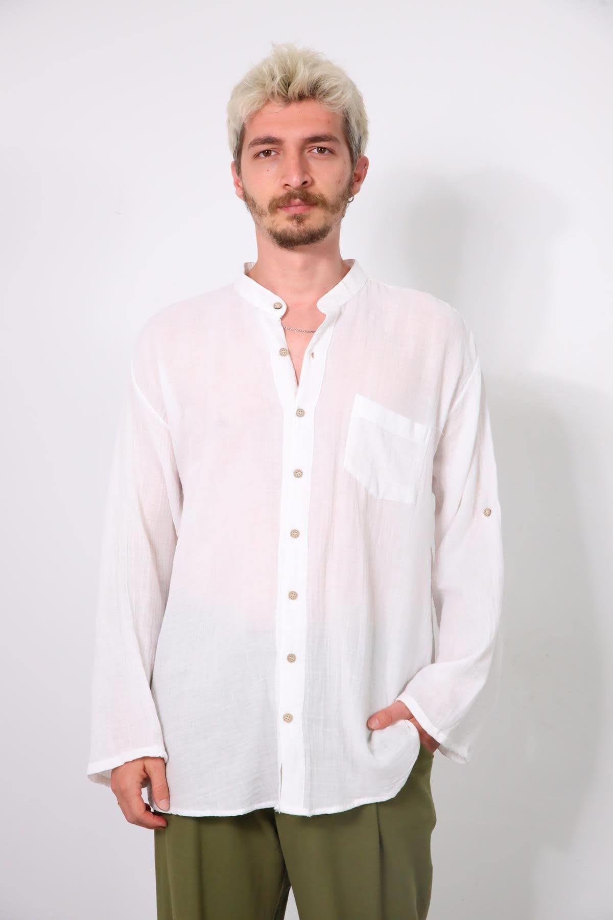 White Mandarin Collar Muslin Men's Shirt