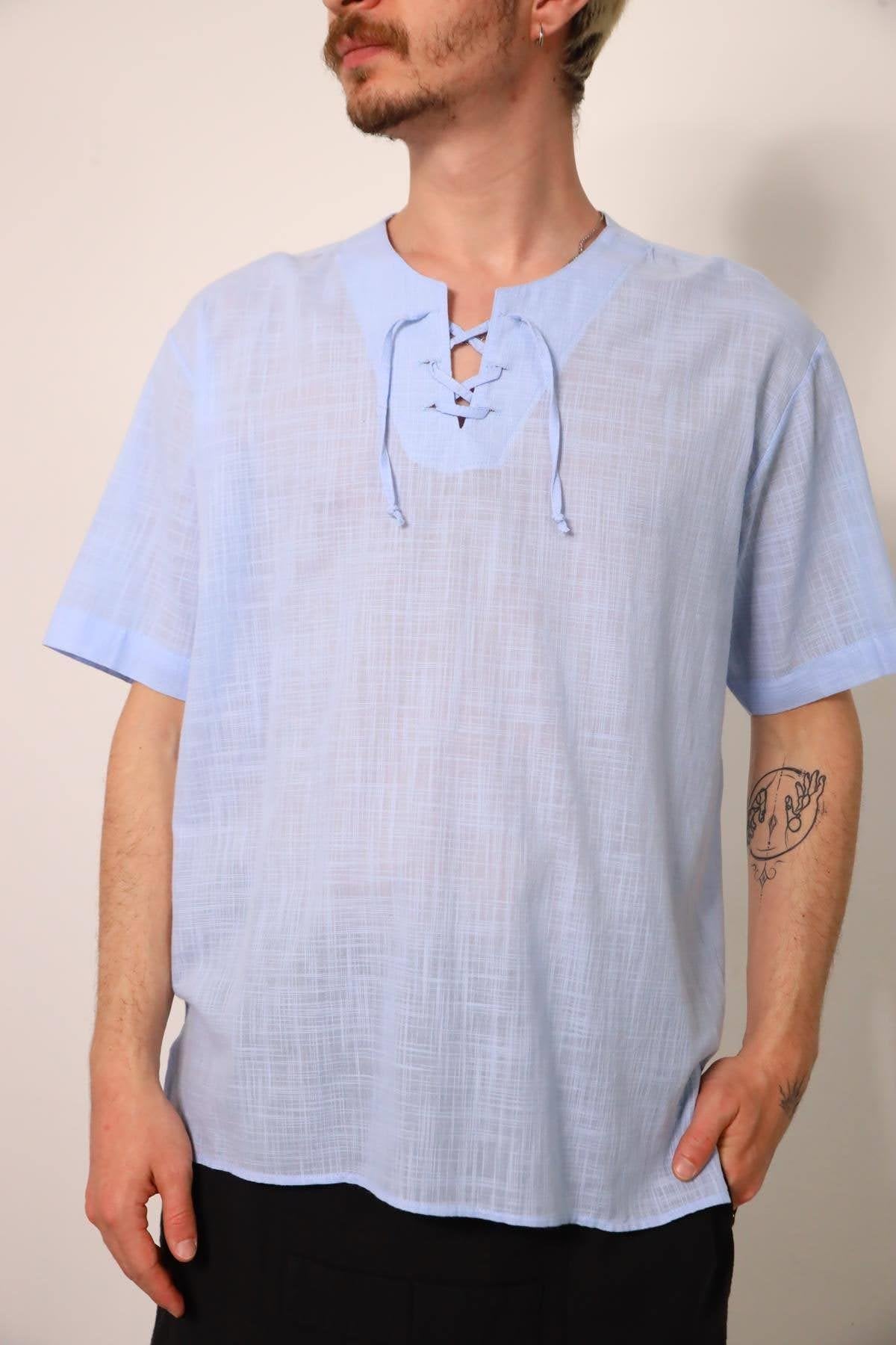 Blue Lace-Up Collar Slit Short Sleeve Men's Shirt