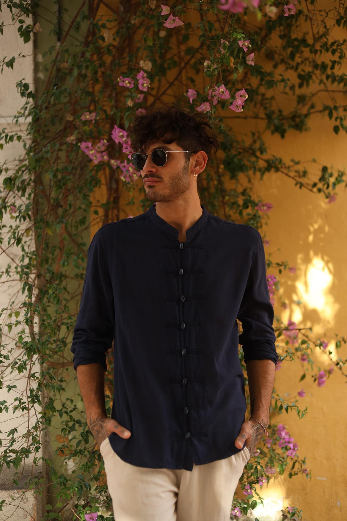 Navy Blue Mandarin Collar Button Detailed Men's Shirt