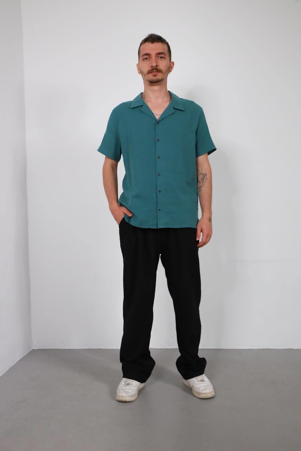 Petrol Green Tassel Back Short Sleeve Men's Shirt