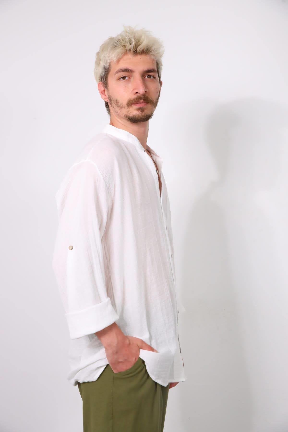 White Mandarin Collar Muslin Men's Shirt