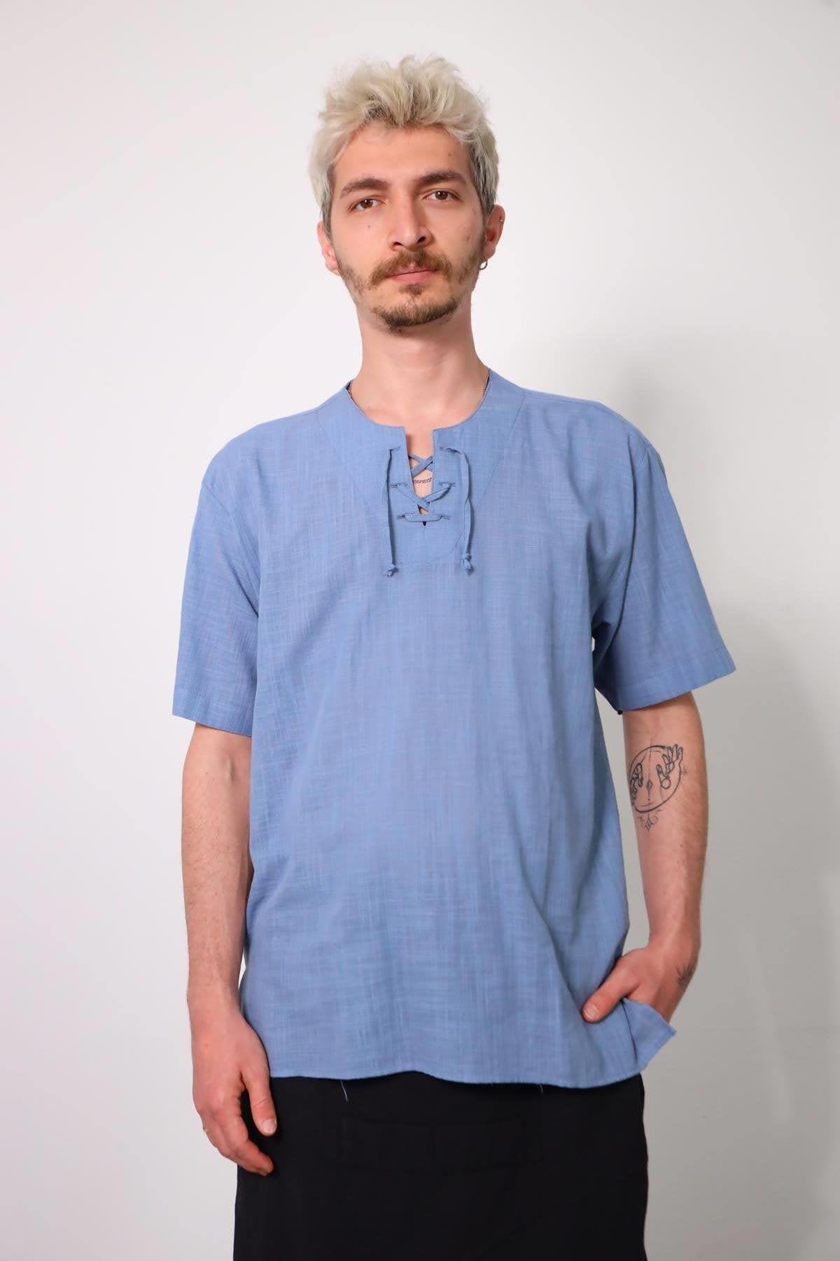 Indigo Blue Lace-Up Collar Slit Short Sleeve Men's Shirt