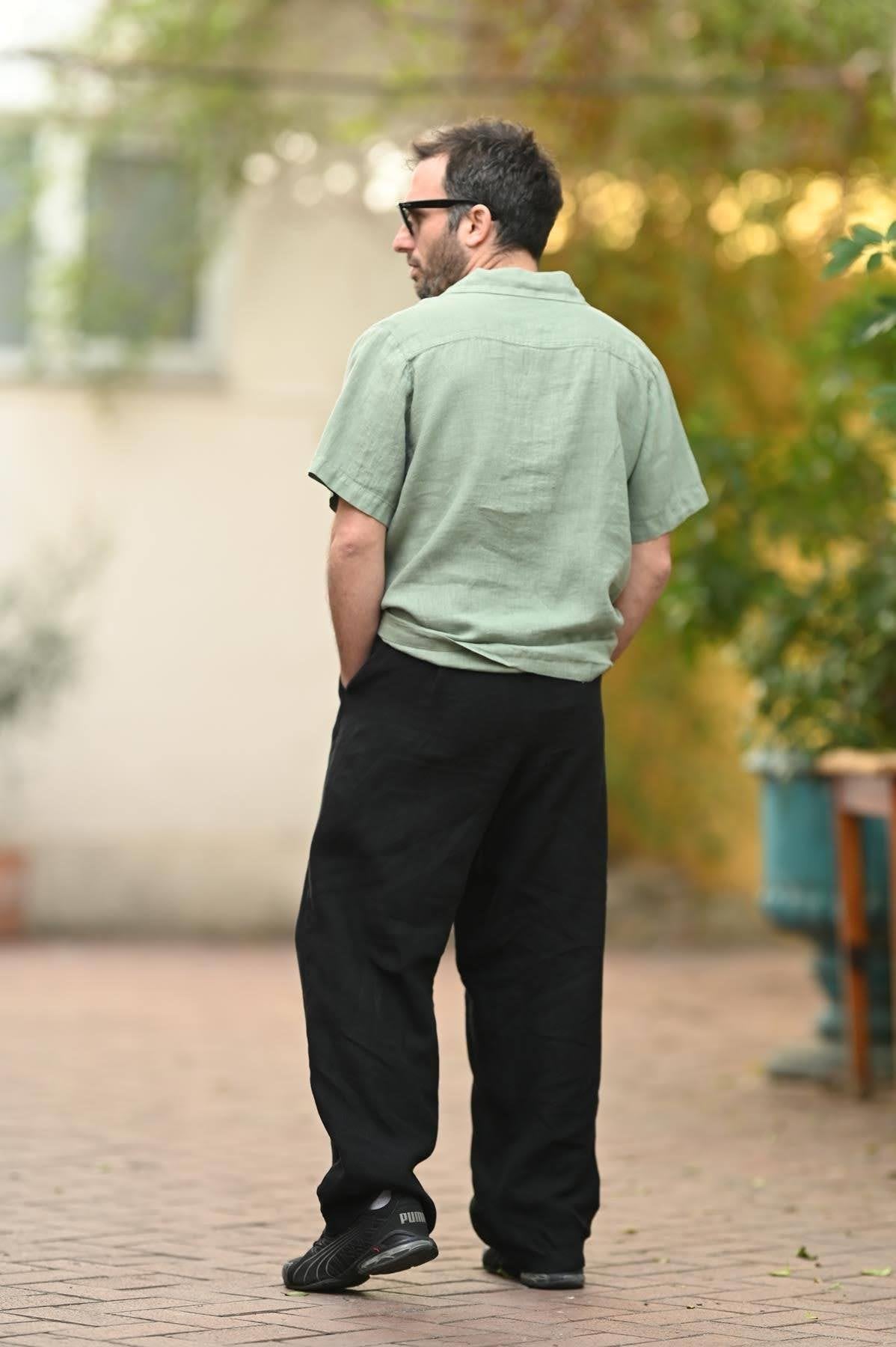 Mint Green Blazer Collar Short Sleeve Linen Men's Shirt