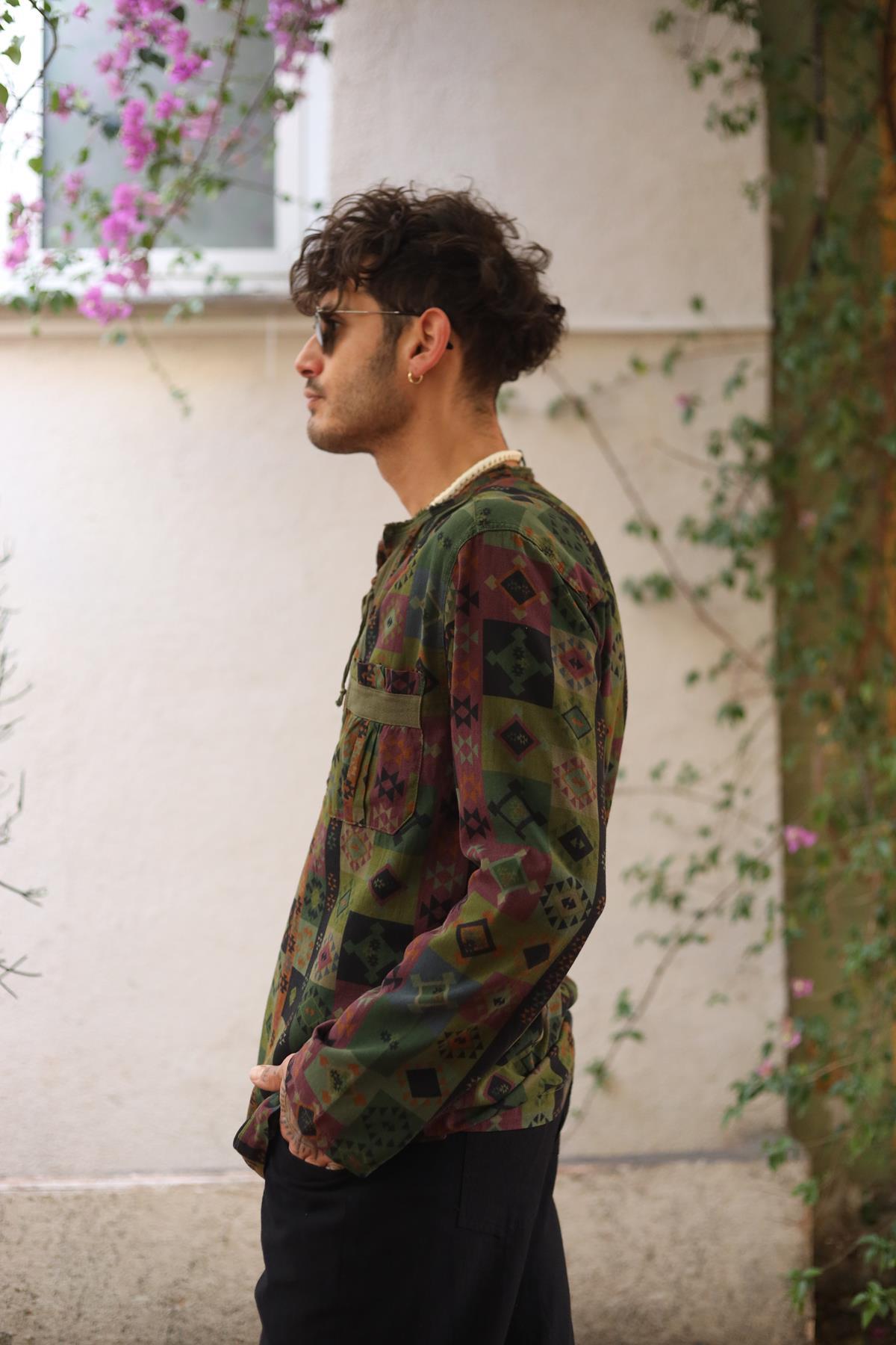 Khaki Printed Lace-Up Collar Men's Shirt