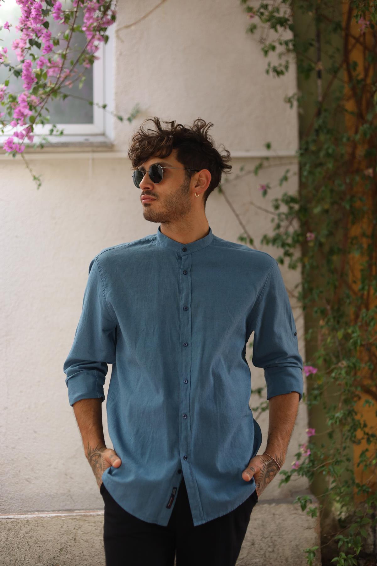 Petrol Blue Stand Collar Long Sleeve Men's Linen Shirt