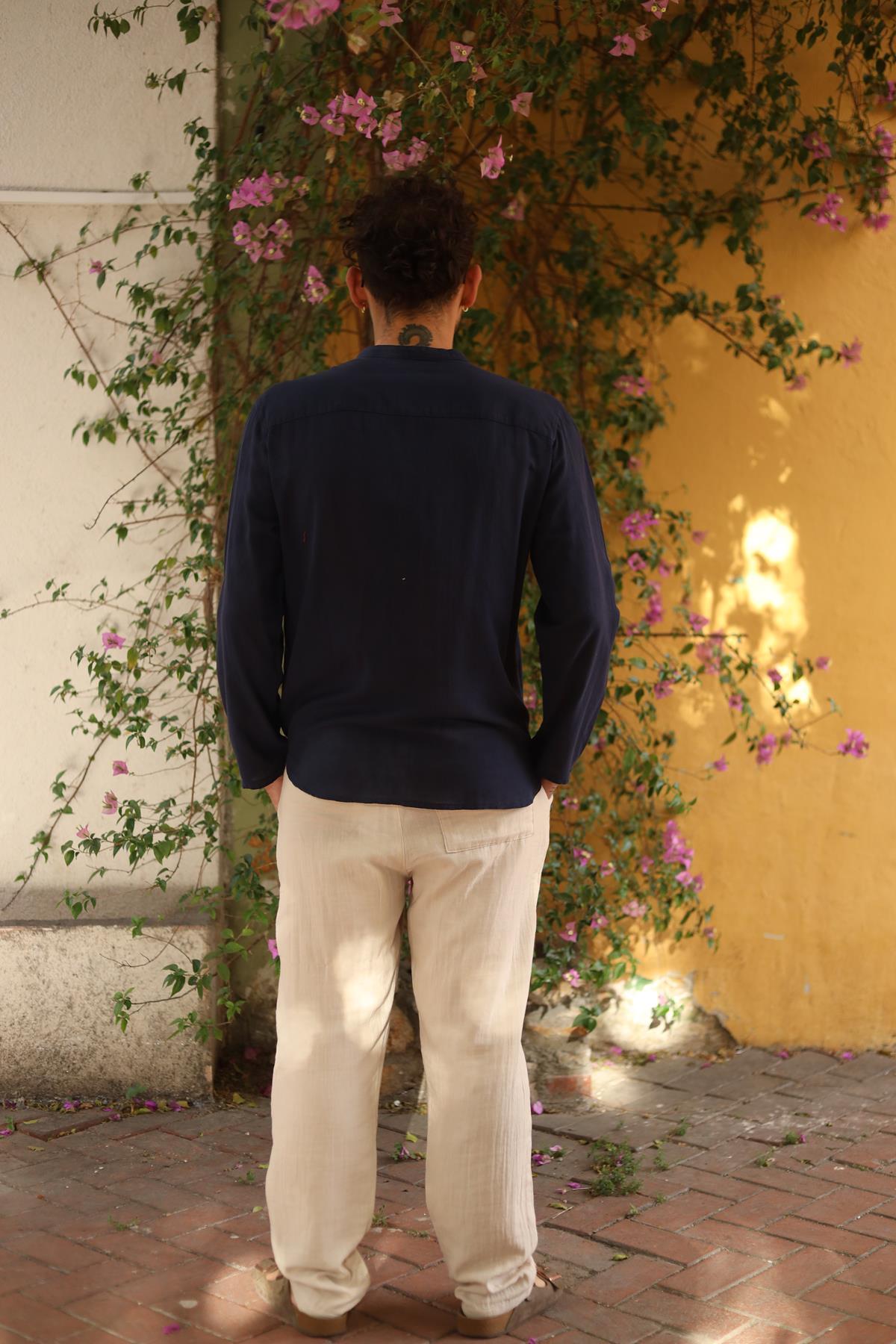 Navy Blue Mandarin Collar Button Detailed Men's Shirt