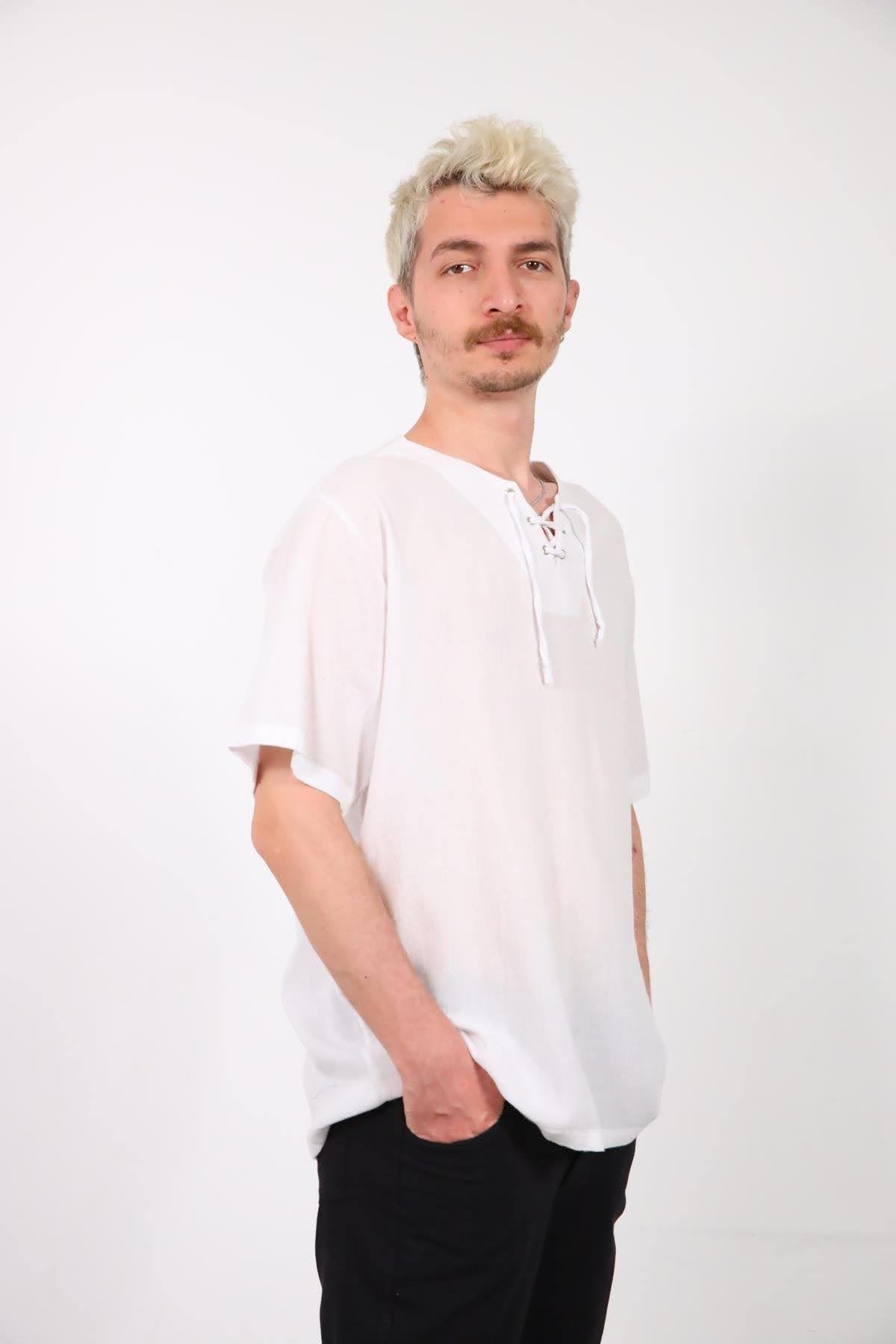 White Tie-Neck Short Sleeve Men's Shirt