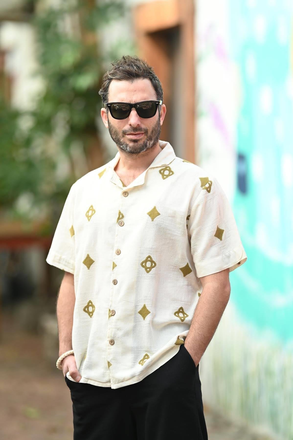 Cream Bordered Short Sleeve Men's Shirt