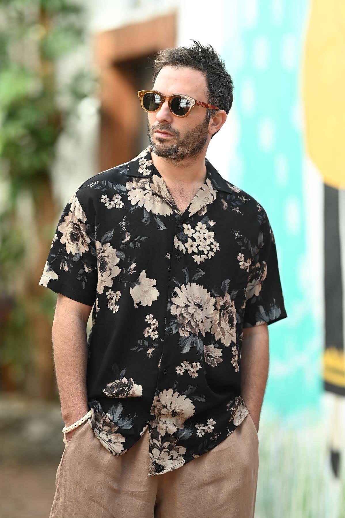 Black Patterned Short Sleeve Men's Shirt