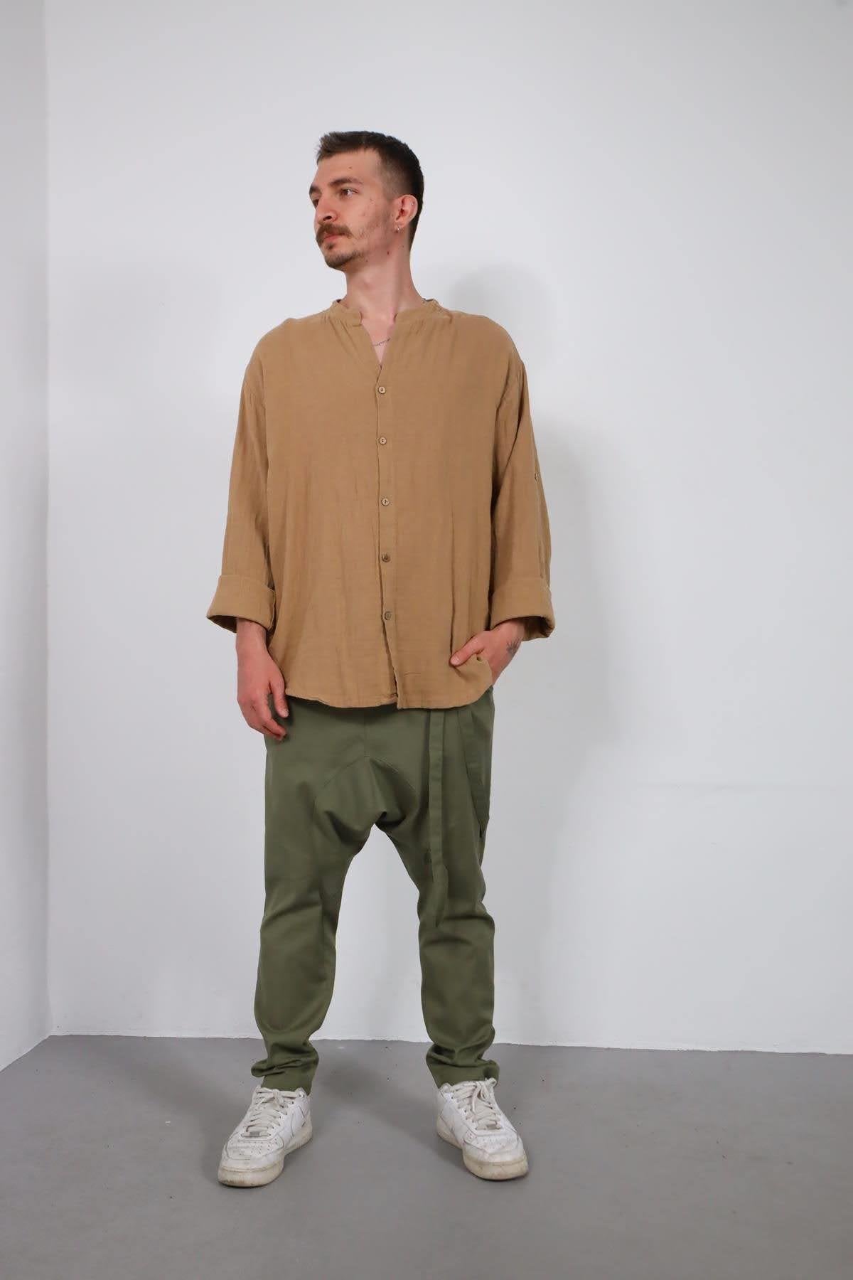 Milky Coffee Mandarin Collar Muslin Shirt