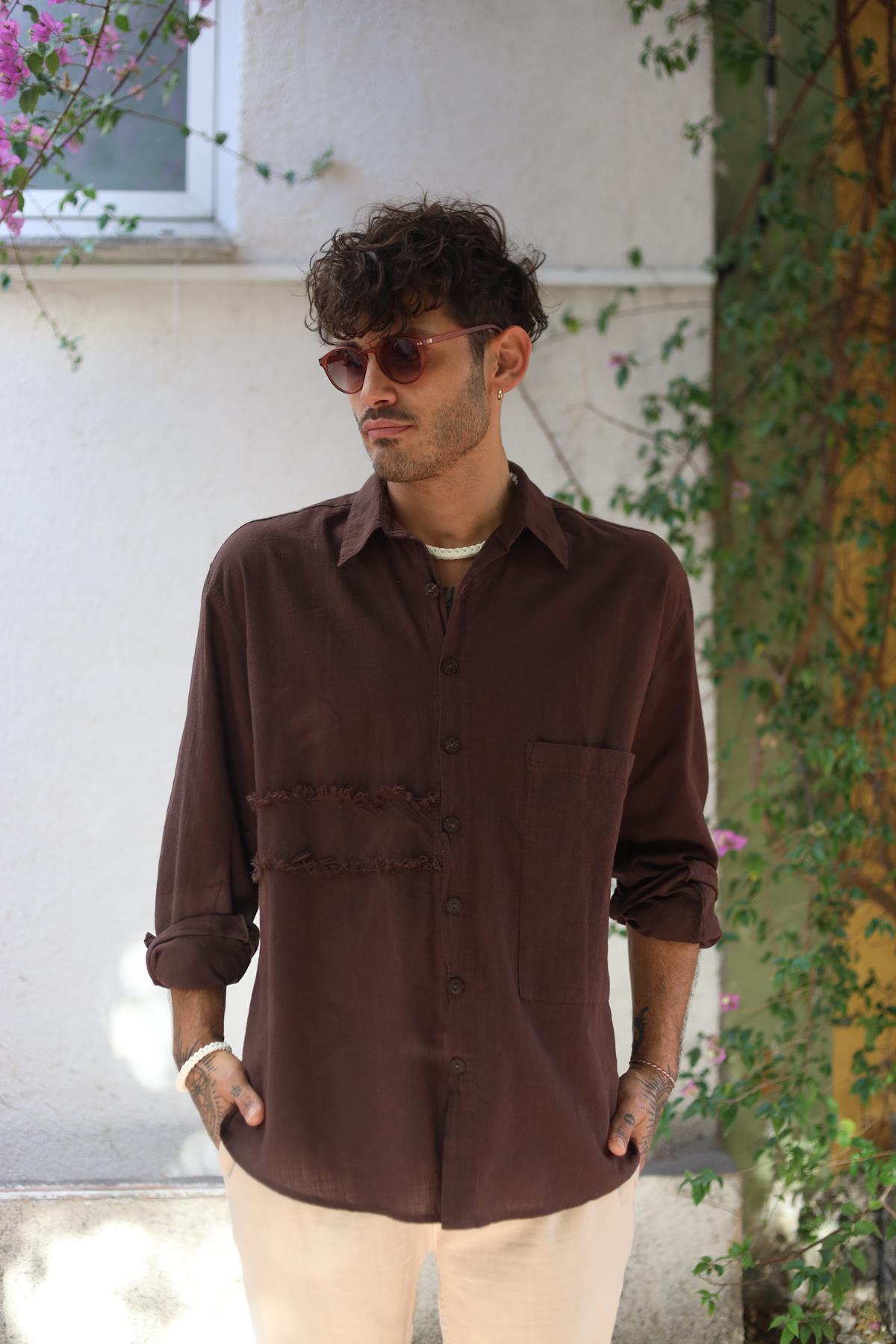 Brown Large Pocket Tasseled Patched Men's Shirt