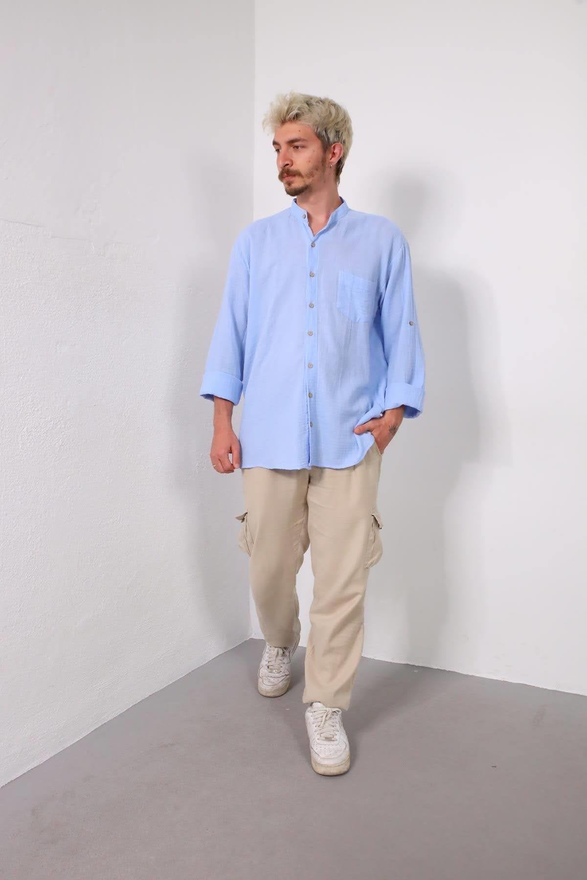 Blue Mandarin Collar Muslin Men's Shirt