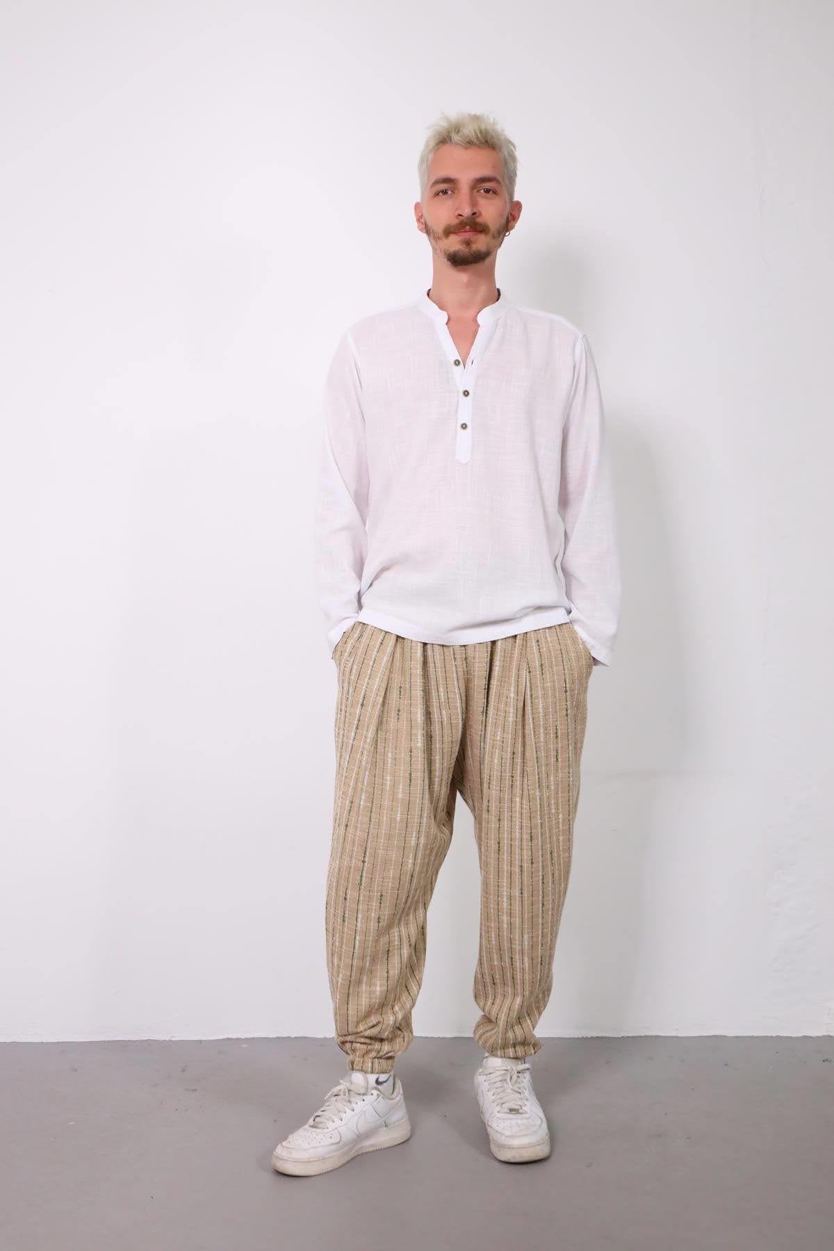 White Mandarin Collar Half-Button Men's Shirt