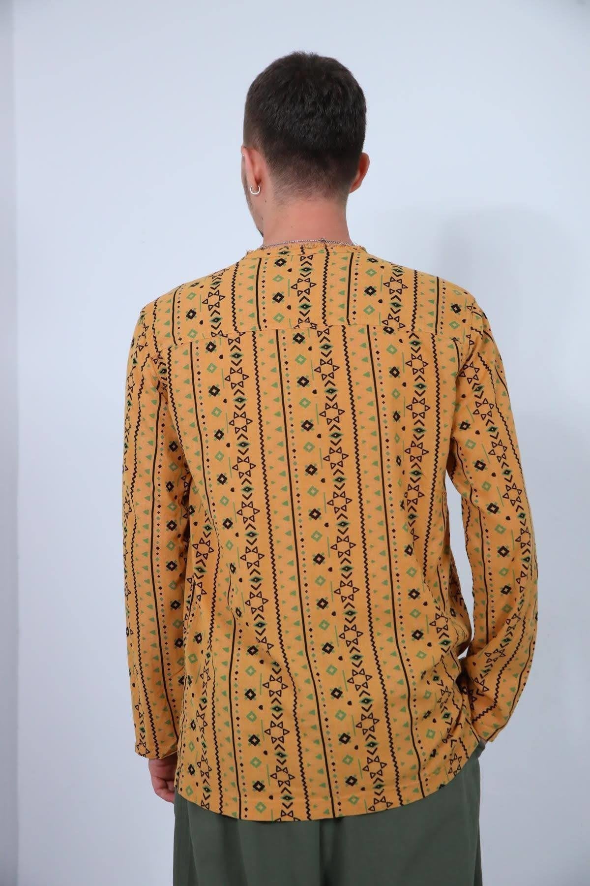 Mustard Color Lace-Up Printed Men's Shirt