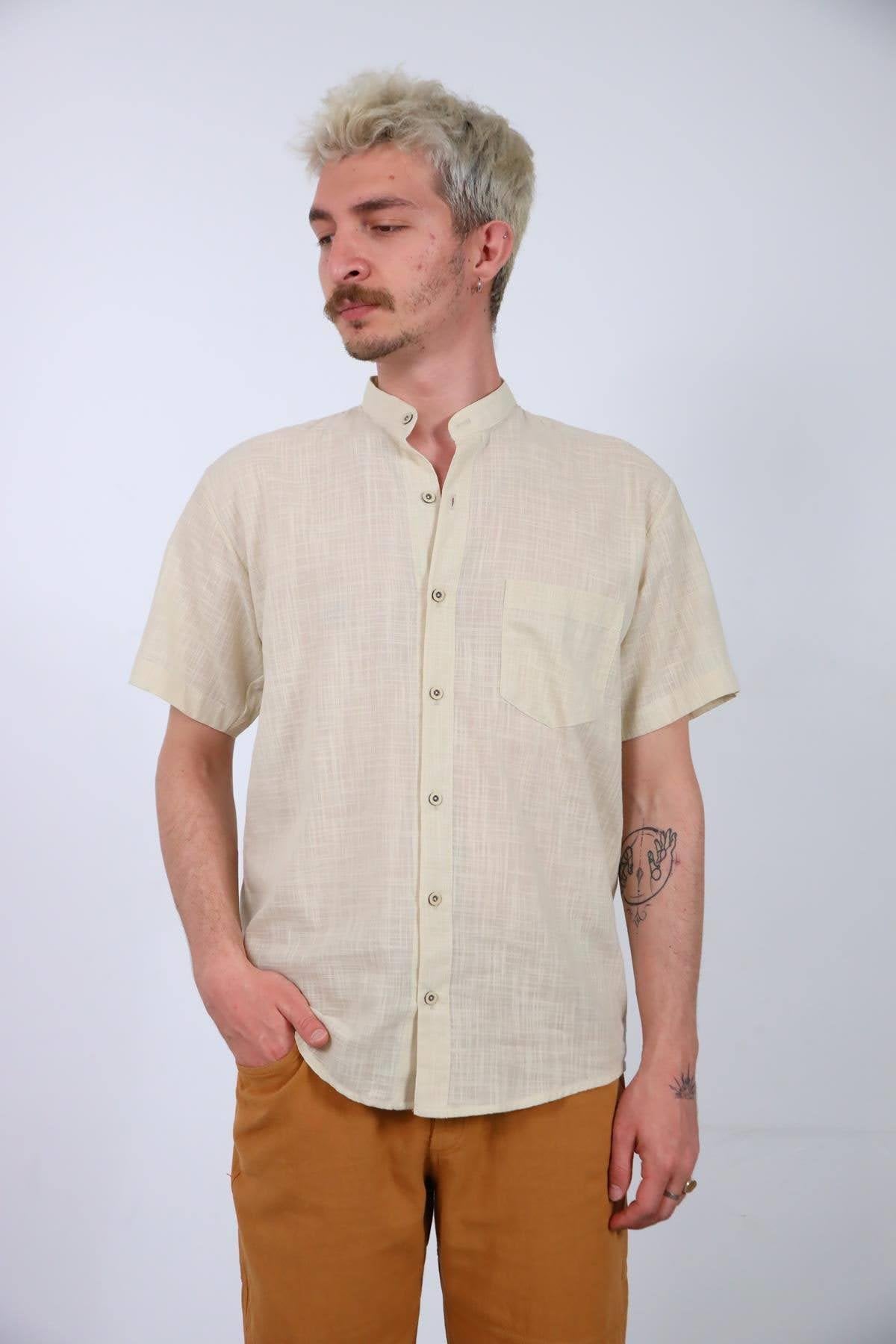Cream Colored Stand Collar Short Sleeve Men's Shirt
