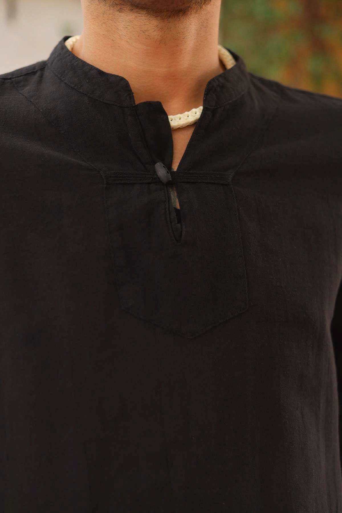 Black Casual Long Sleeve Henley Shirt with Band Collar