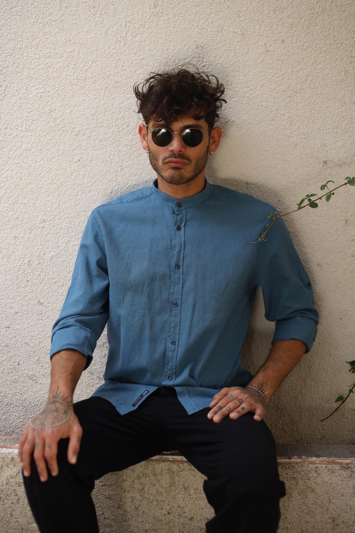 Petrol Blue Stand Collar Long Sleeve Men's Linen Shirt