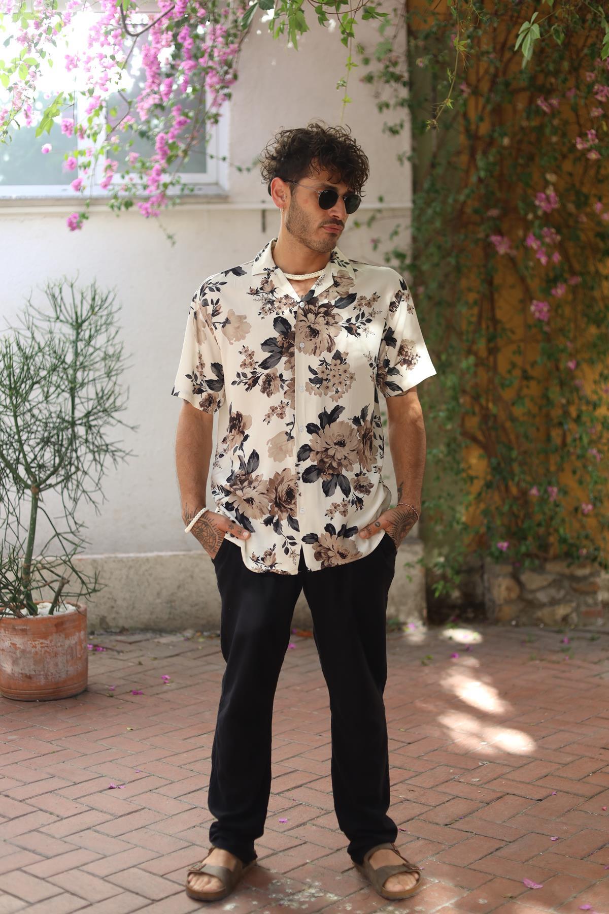 Cream Color Patterned Short Sleeve Men's Shirt