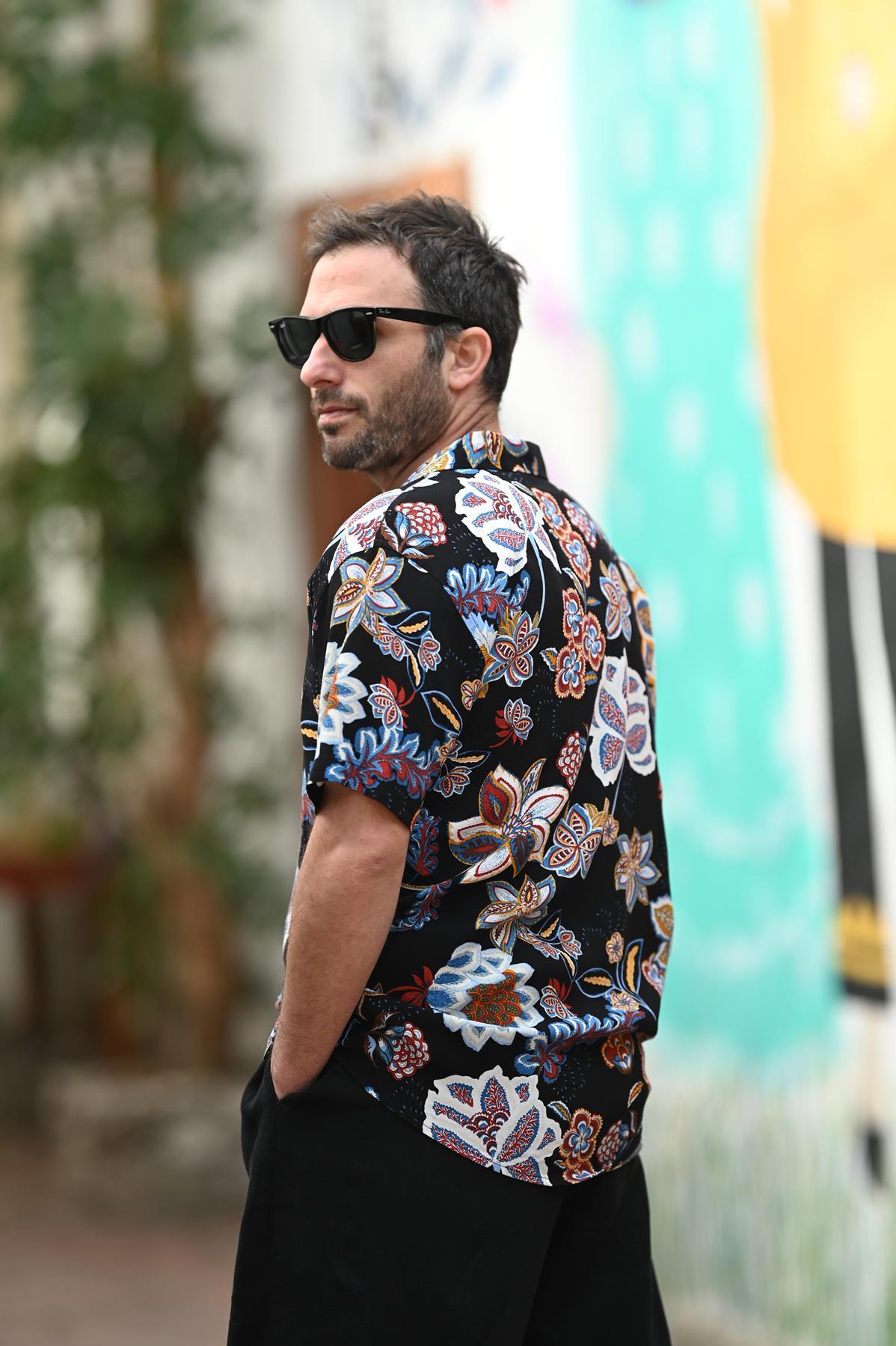 Black Patterned Short Sleeve Men's Shirt