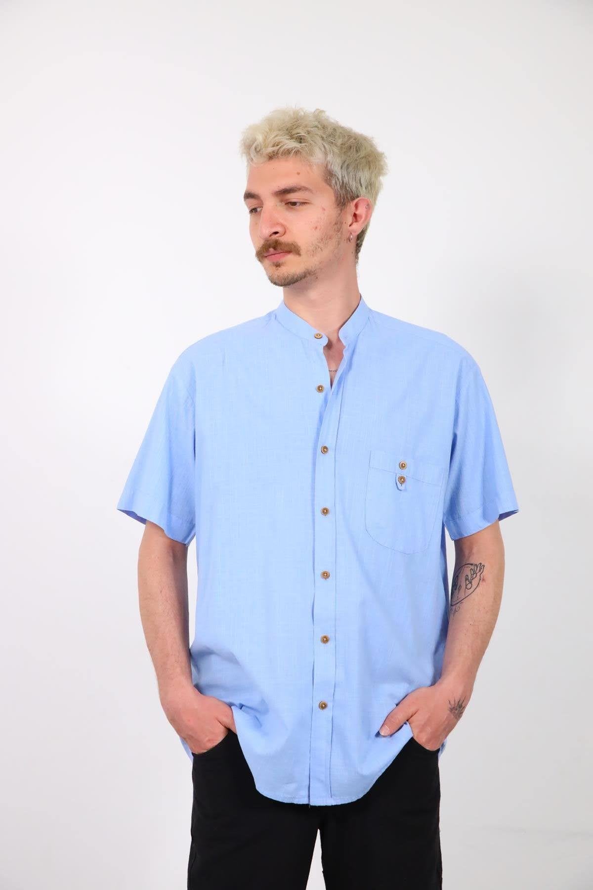 Blue Judge Collar Pocket Detailed Short Sleeve Men's Shirt