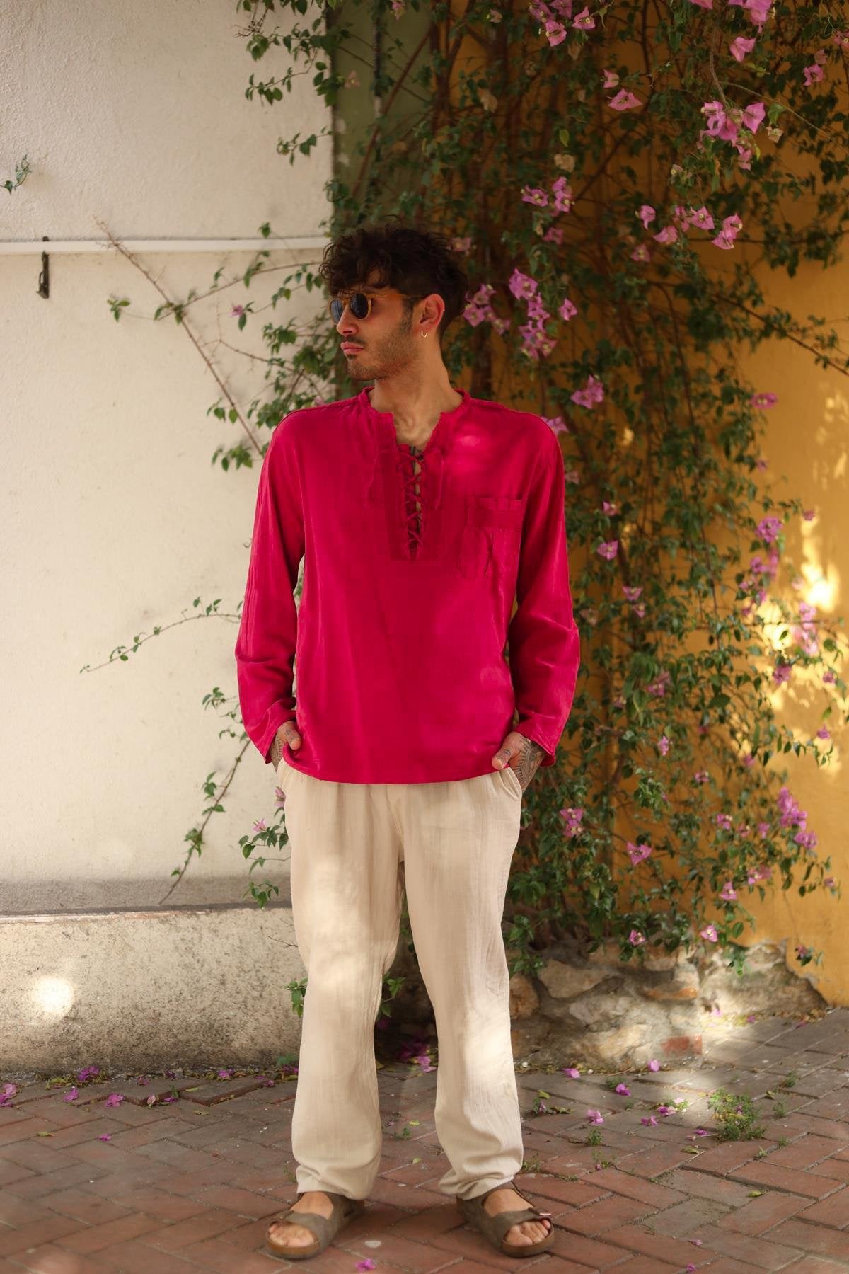 Men's Fuchsia Lace-Up Henley Shirt - Long Sleeve Casual