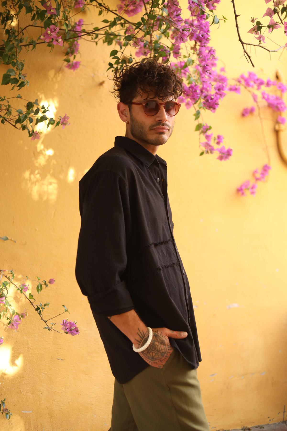 Black Men's Shirt with Large Pockets and Tassels