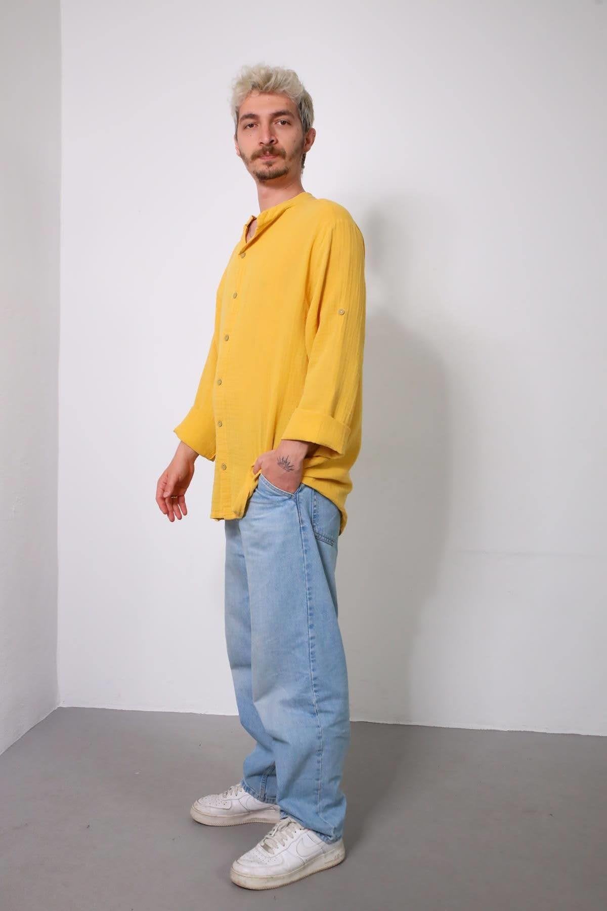 Yellow Mandarin Collar Muslin Shirt