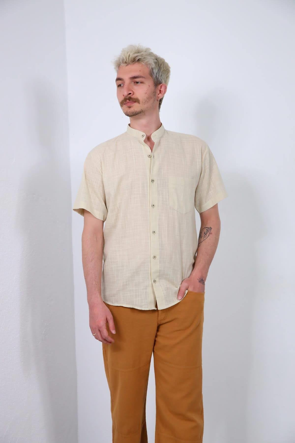 Cream Colored Stand Collar Short Sleeve Men's Shirt