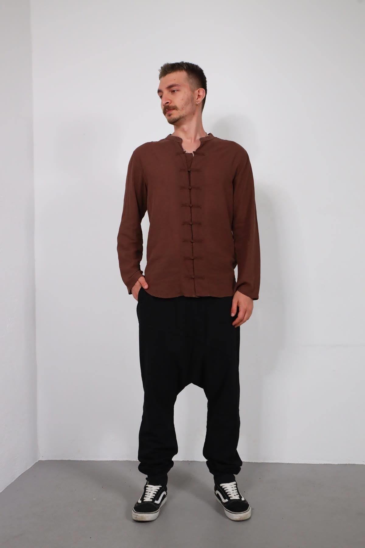 Brown Mandarin Collar Button-Down Shirt