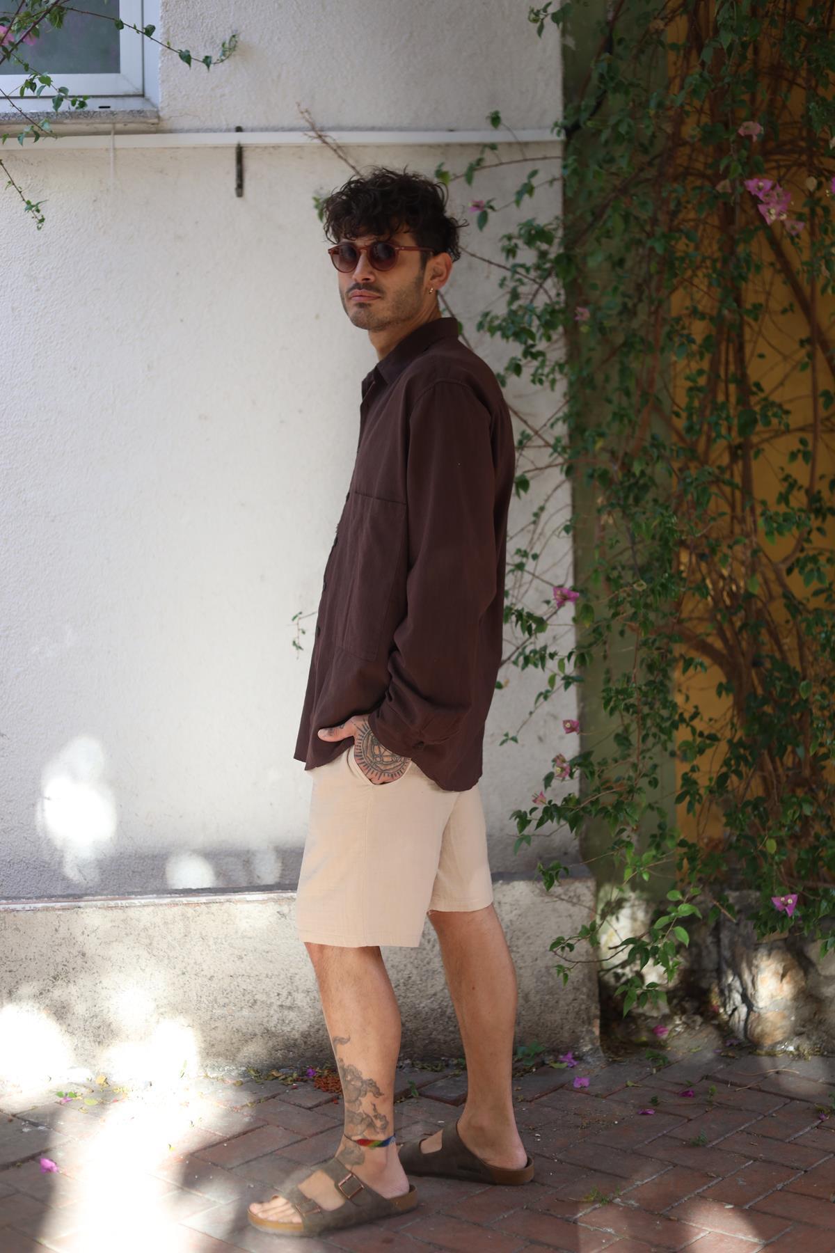 Brown Large Pocket Tasseled Patched Men's Shirt