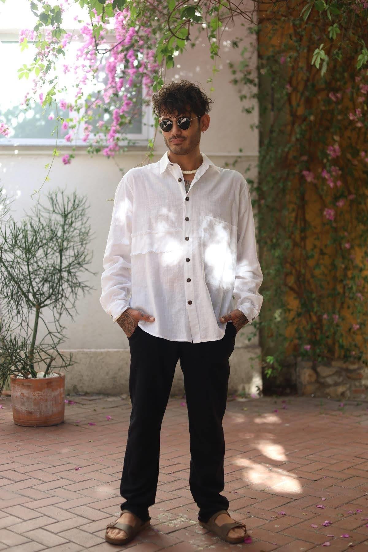 White Large Pocket Tasseled Patchwork Men's Shirt