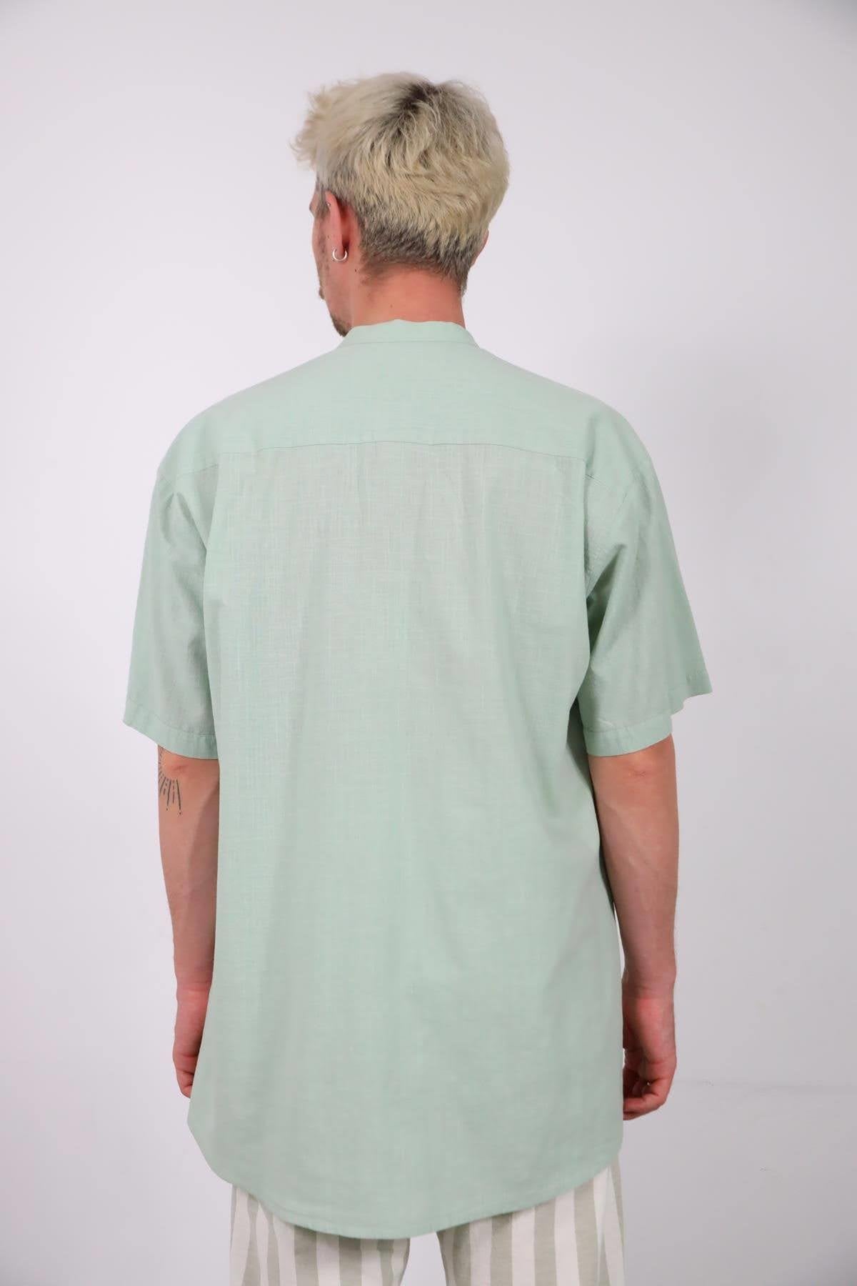 Sea Green Mandarin Collar Pocket Detailed Short Sleeve Men's Shirt