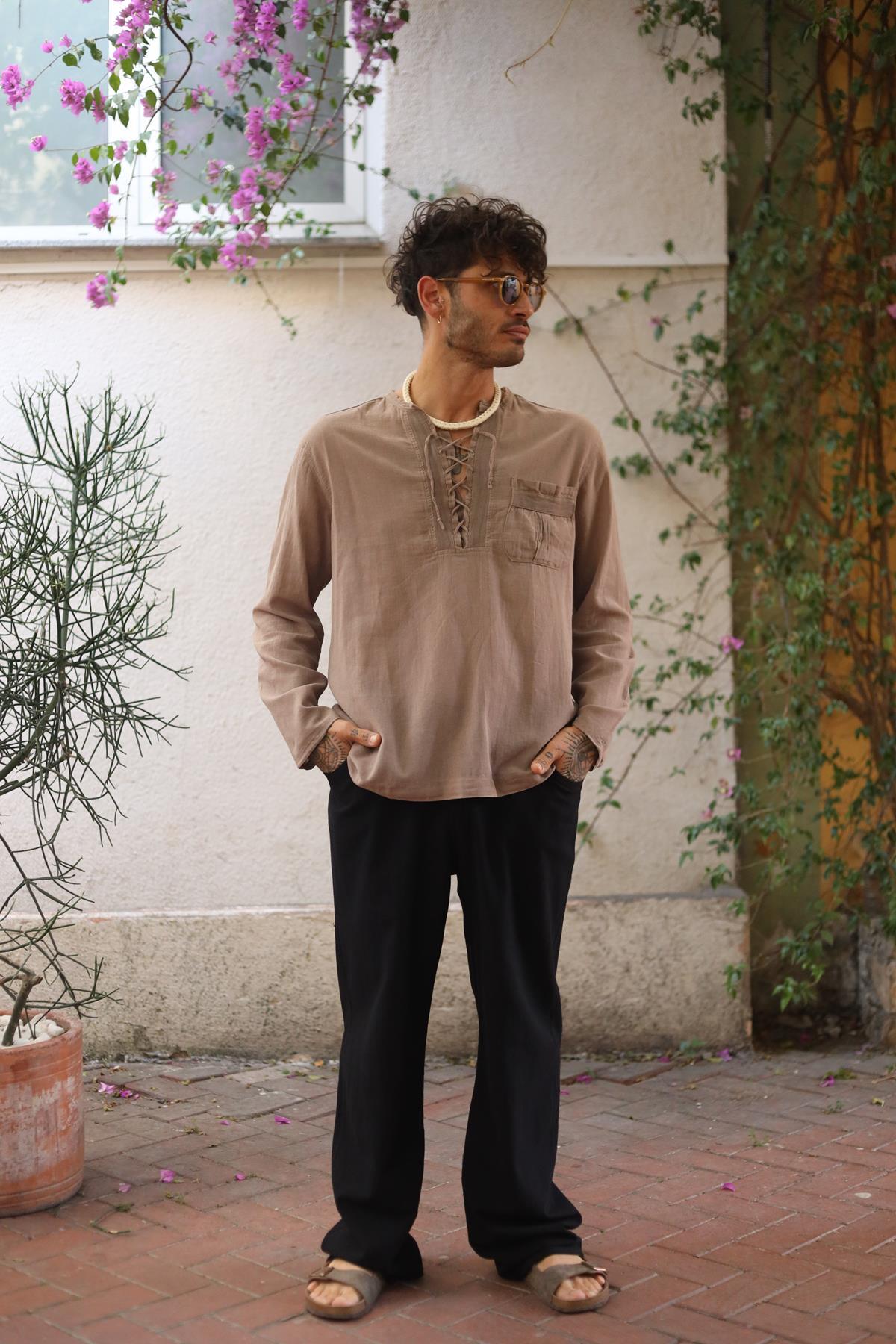 Mink Color Lace-Up Bohemian Men's Shirt
