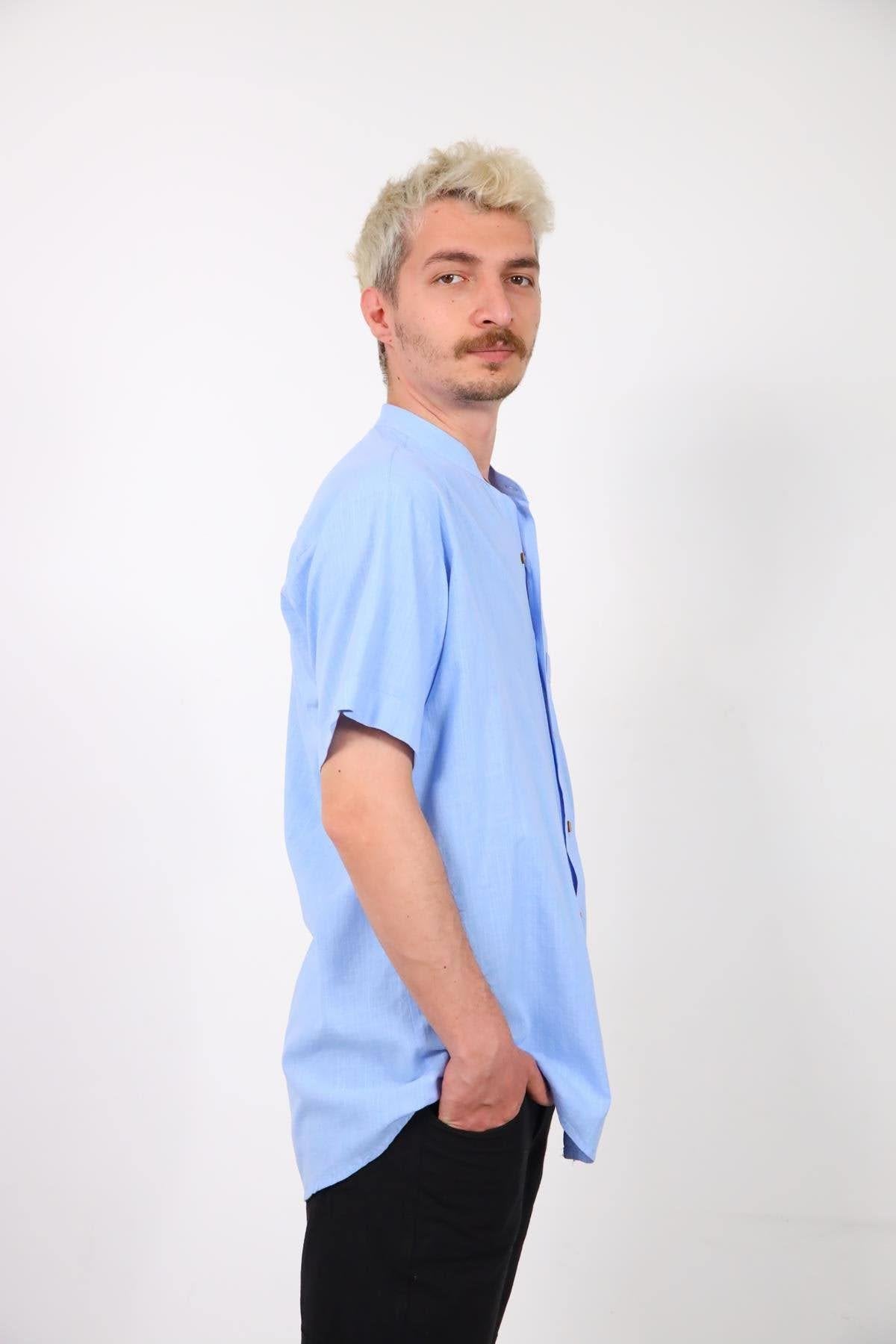 Blue Judge Collar Pocket Detailed Short Sleeve Men's Shirt