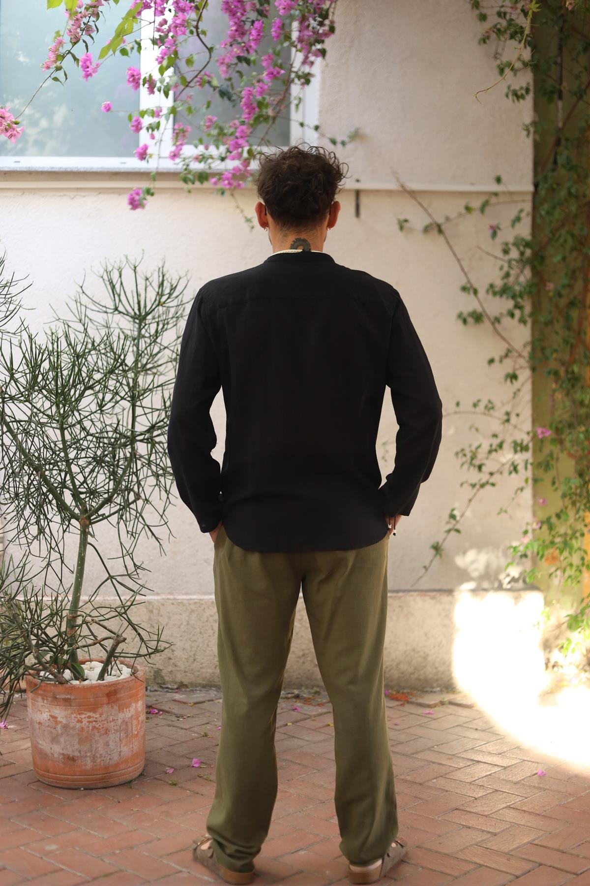 Men's Black Mandarin Collar Linen Blend Shirt - Long Sleeve