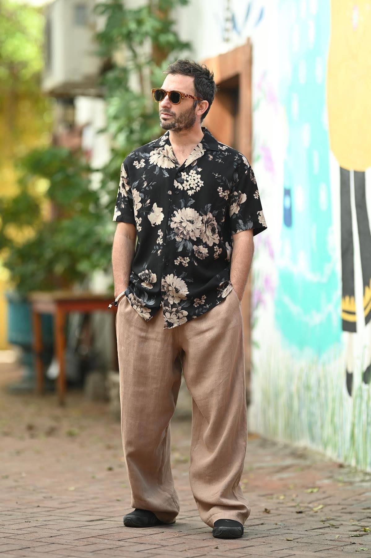 Black Patterned Short Sleeve Men's Shirt