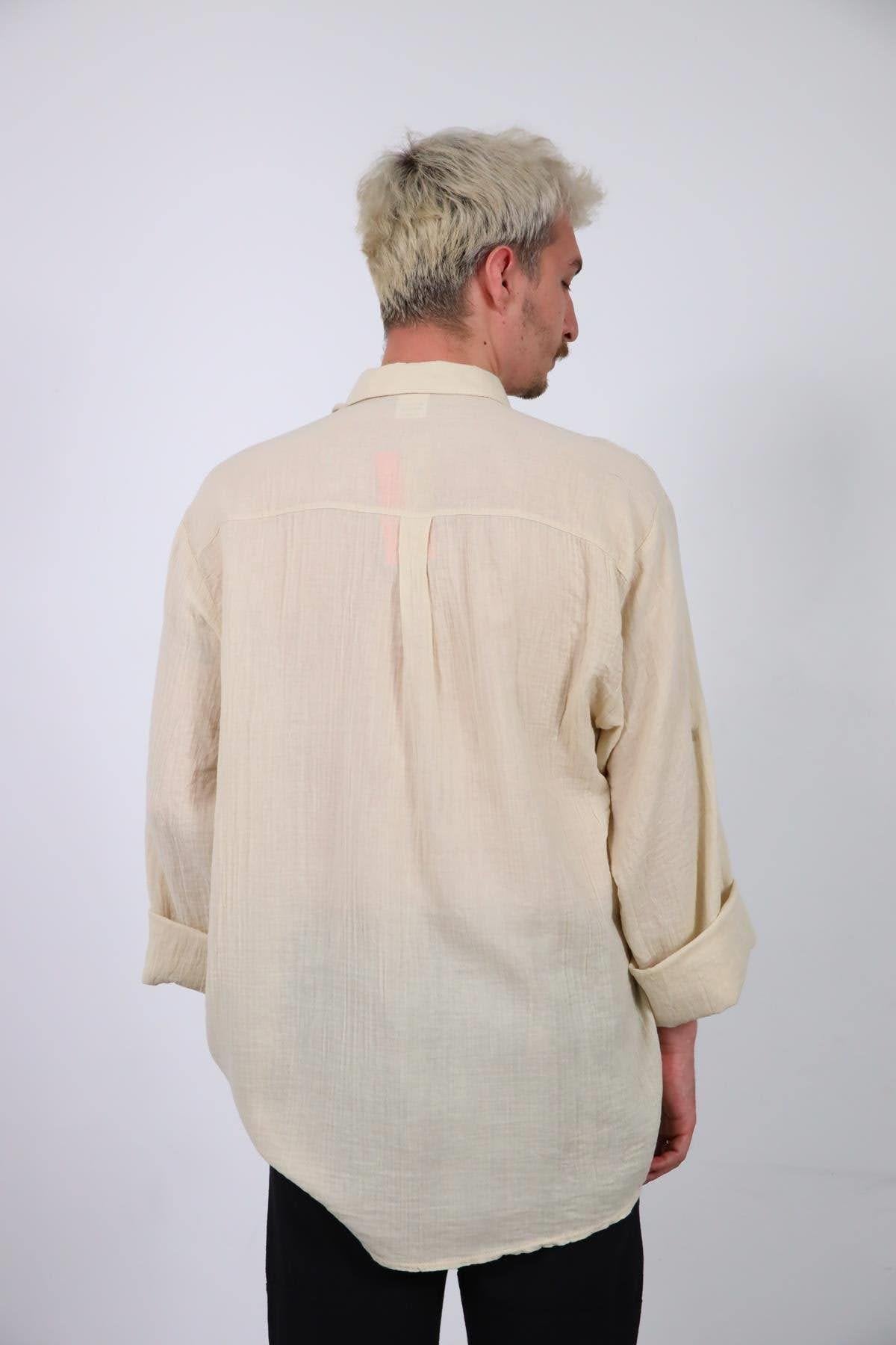 Cream Colored Men's Muslin Shirt with Epauletted Sleeves