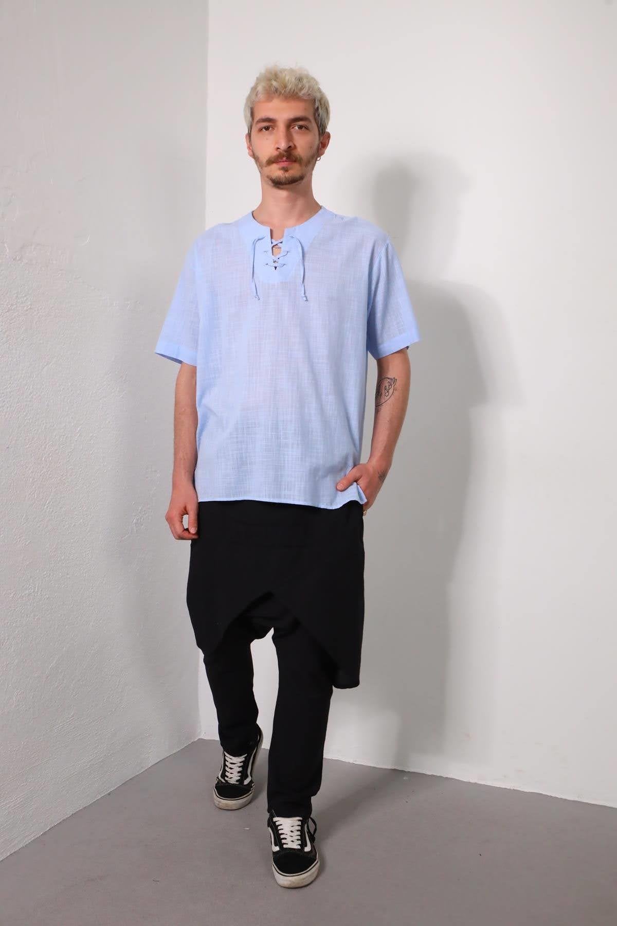 Blue Lace-Up Collar Slit Short Sleeve Men's Shirt