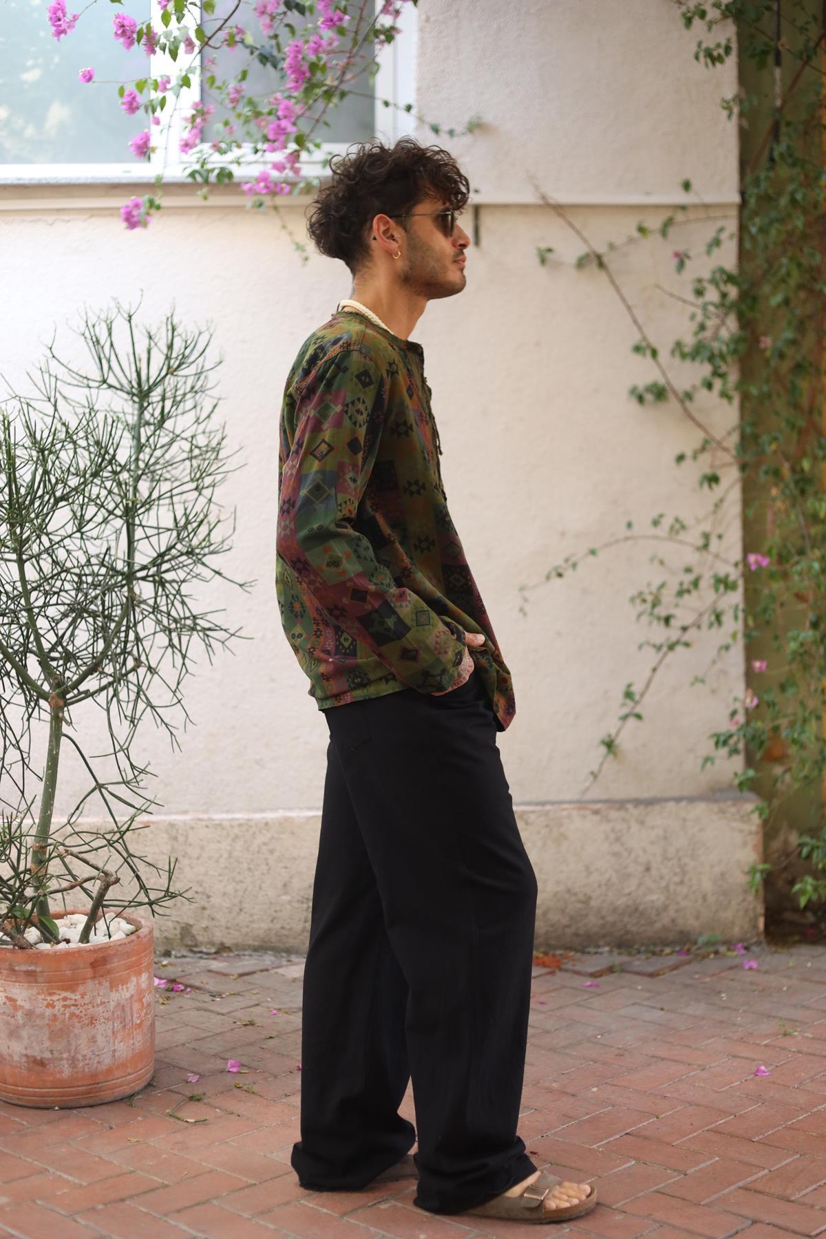 Khaki Printed Lace-Up Collar Men's Shirt