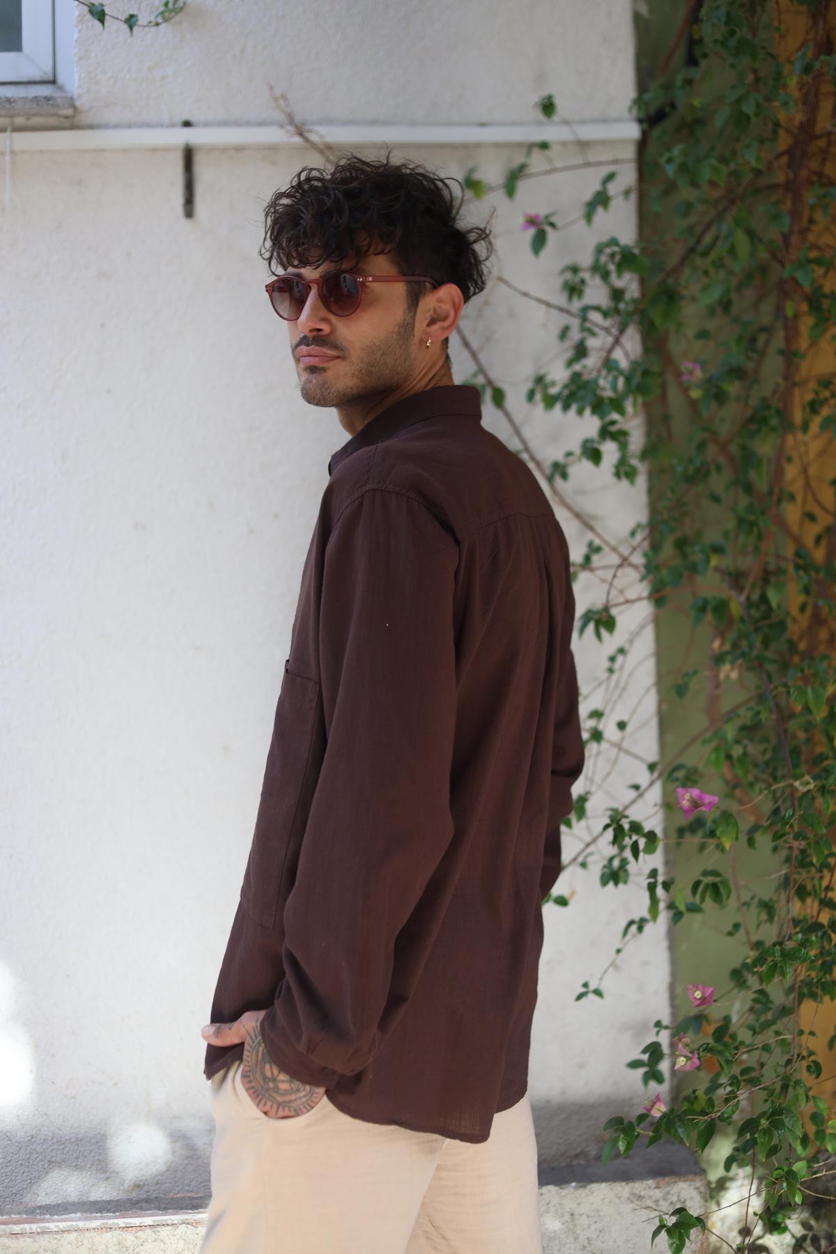 Brown Large Pocket Tasseled Patched Men's Shirt