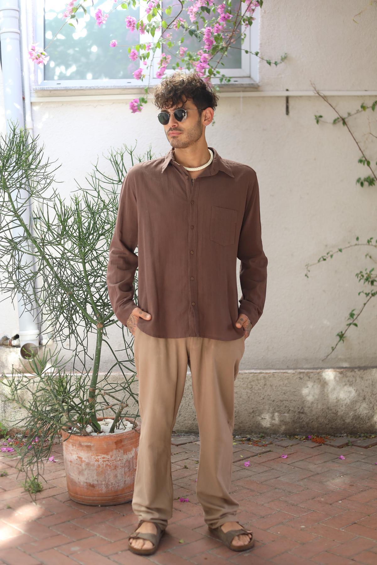 Brown Men's Thomas Shirt with Pocket Stitching