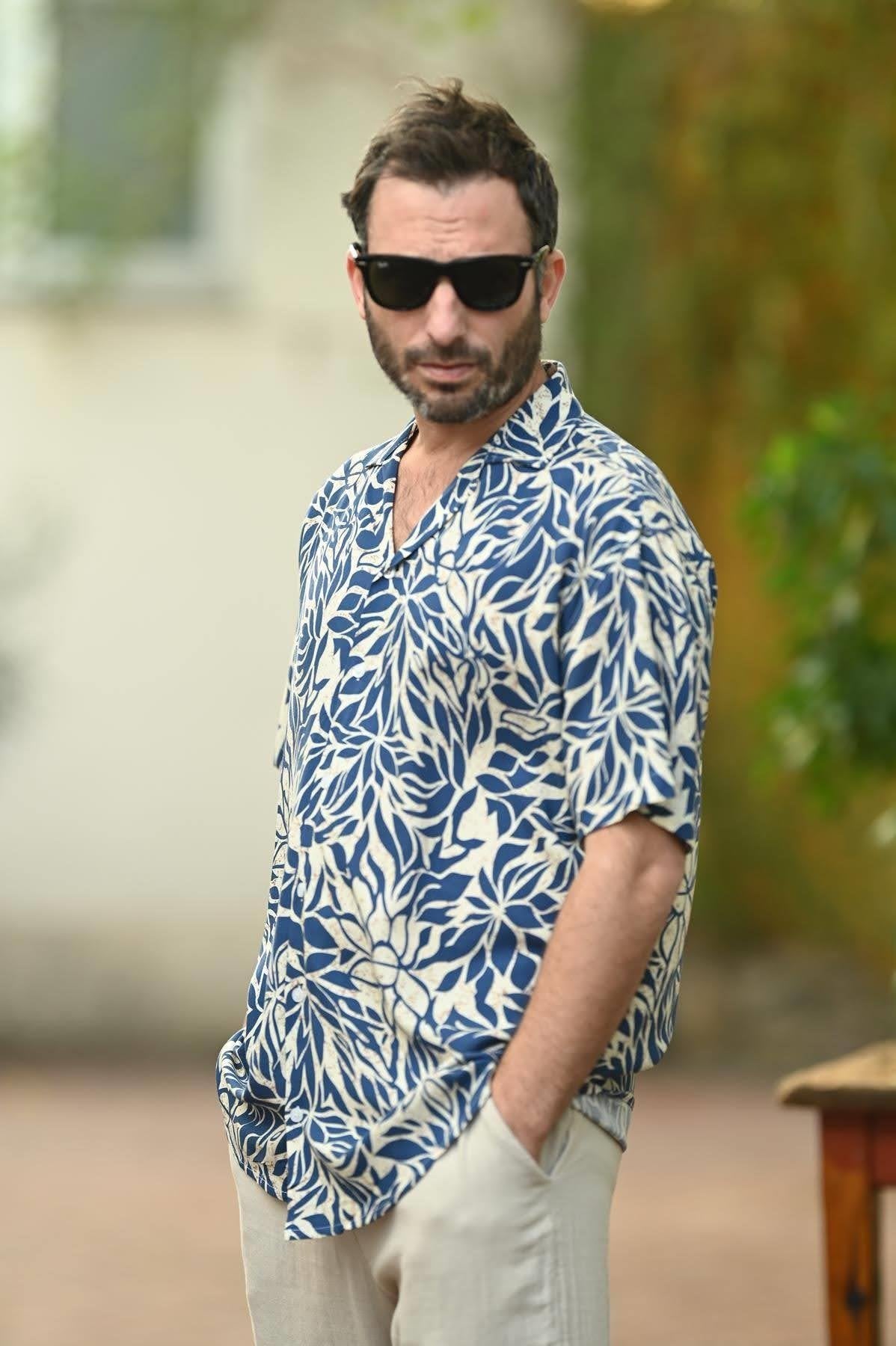 Navy Blue Patterned Short Sleeve Men's Shirt