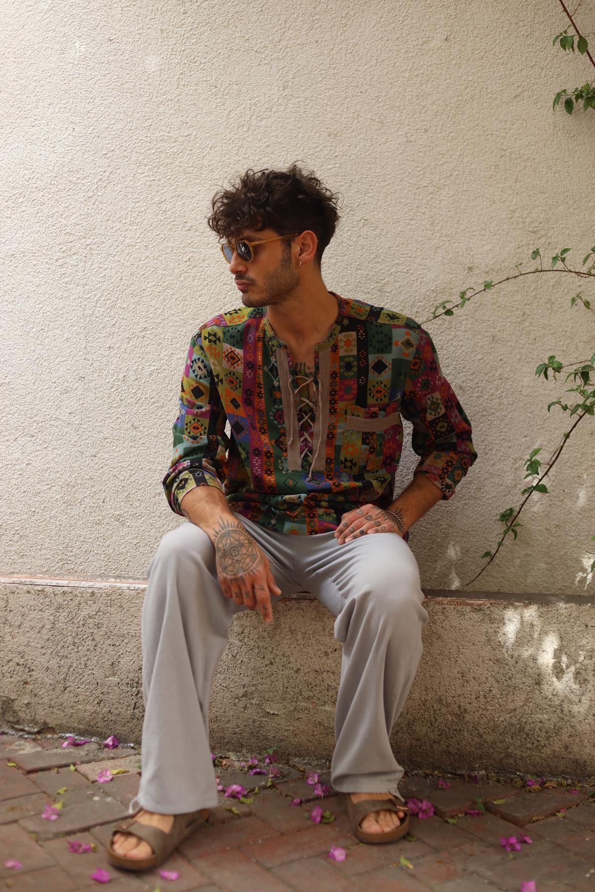 Mink Color Printed Lace-Up Collar Men's Shirt