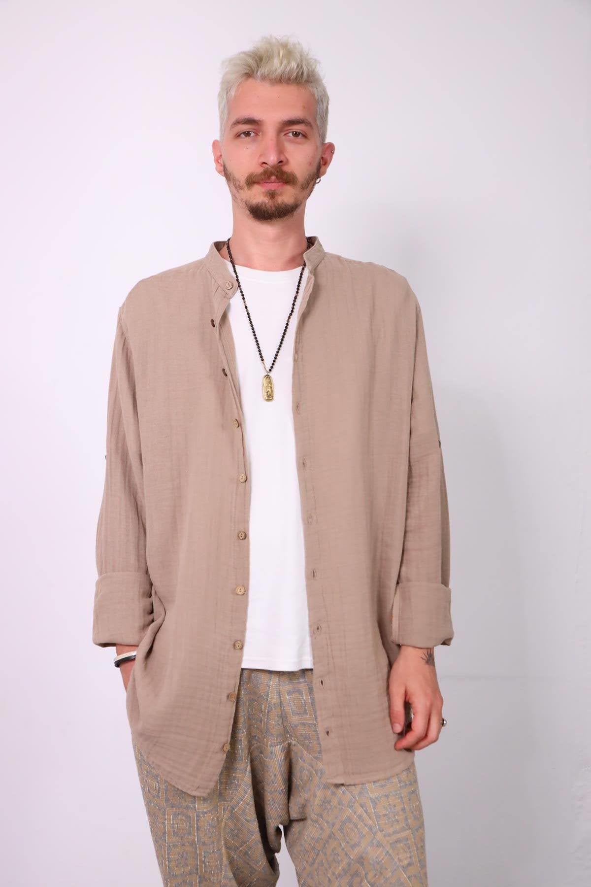 Mink Colored Mandarin Collar Muslin Men's Shirt