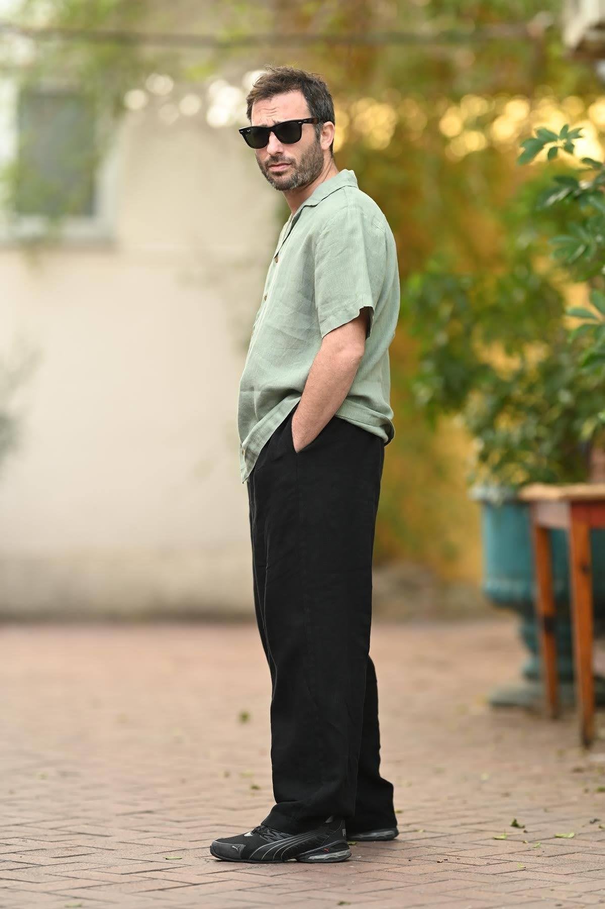 Mint Green Blazer Collar Short Sleeve Linen Men's Shirt