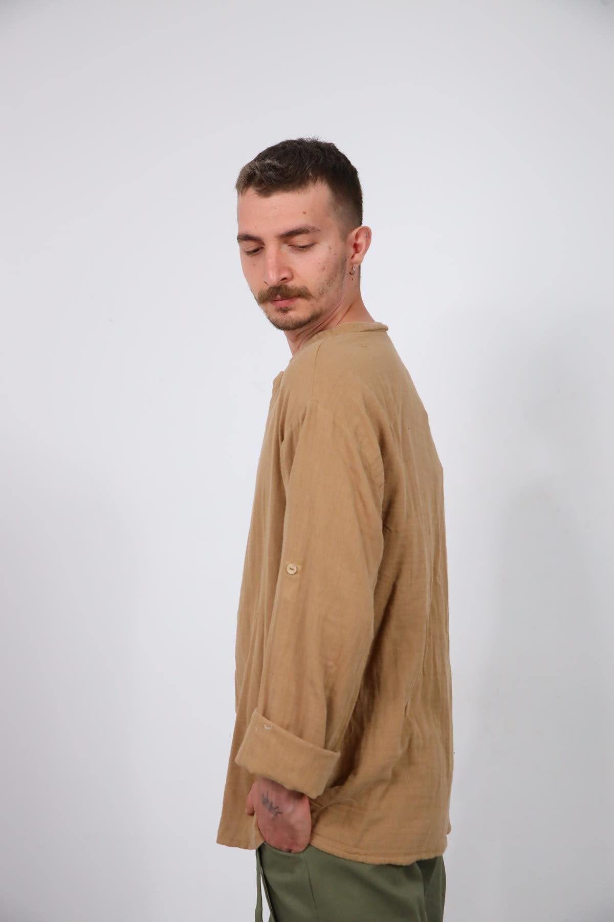 Milky Coffee Mandarin Collar Muslin Shirt